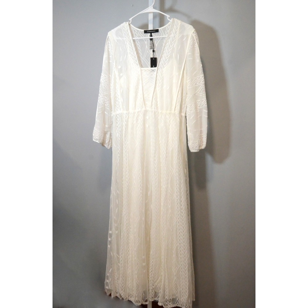 NWT BCBGMAXAZRIA Size L Fully Lined Sheer White Maxi Dress Embroidered Detail